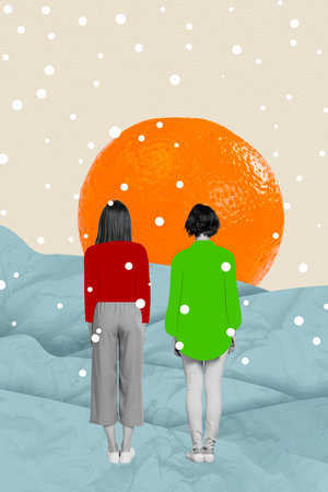 Collage photo postcard of young girls together stay behind spine look sunset abstract big orange...