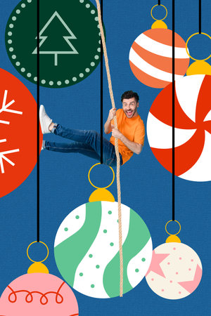 Creative photo 3d collage postcard poster greeting card picture of crazy guy have fun sit swing big ball isolated on painting backgroundの写真素材