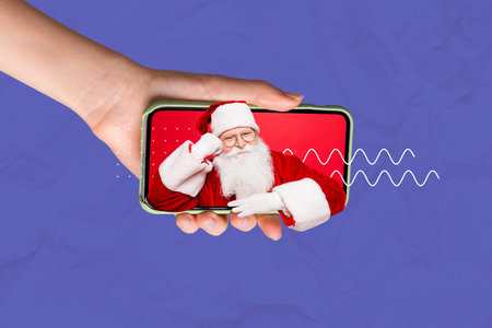 Creative photo 3d collage postcard poster brochure greeting card of arm hold phone device old man inside isolated on painting backgroundの写真素材