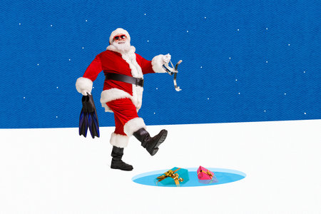 Creative photo 3d collage postcard poster picture of positive santa diver hobby time dive under cold water isolated on painting backgroundの写真素材