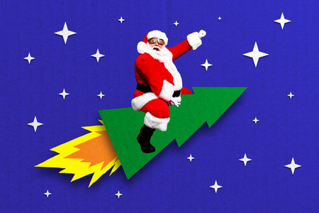 Creative photo 3d collage postcard poster greeting card of positive santa fly pine hurry give...