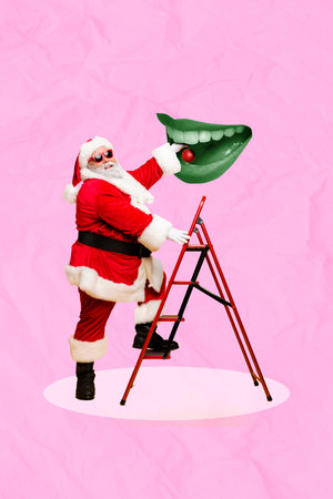 Creative photo 3d collage postcard poster greeting card of cartoon personage put ball inside mouth isolated on painting background.の写真素材