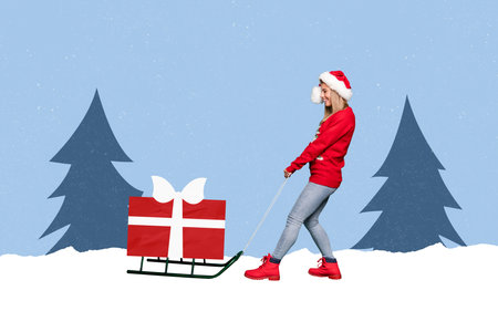 Creative photo 3d collage artwork postcard poster brochure of young girl pull sleigh received big gift isolated on painting backgroundの写真素材