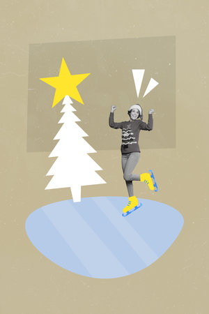 Collage photo banner of young woman wear sant claus hat dancing raise hands up enjoy ice rink rollerskate outdoors isolated on beige backgroundの写真素材