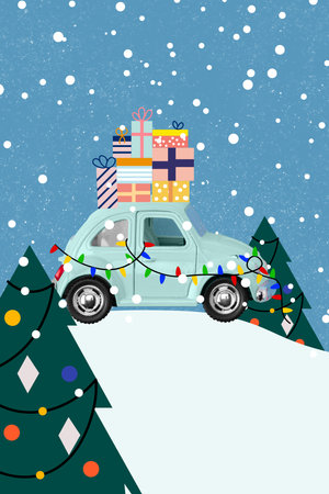 Creative collage postcard of car drive from north pole woods snowy snowflakes weather deliver wish gift boxの写真素材