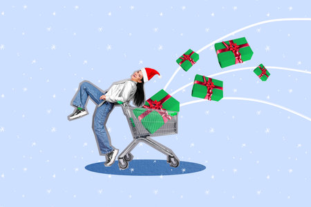 Creative collage image of excited funny girl market trolley flying newyear giftbox isolated on painted backgroundの写真素材