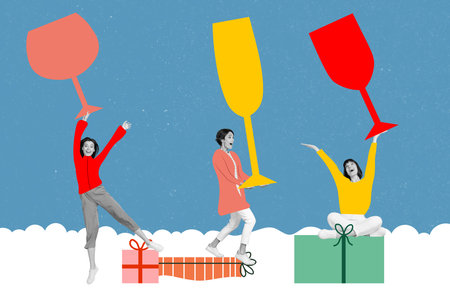 New year brochure collage of three girls celebrate countdown 2023 eve together hold huge alcohol glass on snowy backgroundの写真素材