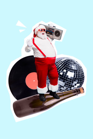 New year invitation collage of jolly santa claus dance on wine bottle floor listen christmas carols tape recorderの写真素材