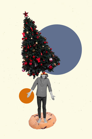 Collage photo of young indifferent guy shrug shoulders headless christmas tree with baubles preparation holidays isolated white color backgroundの写真素材