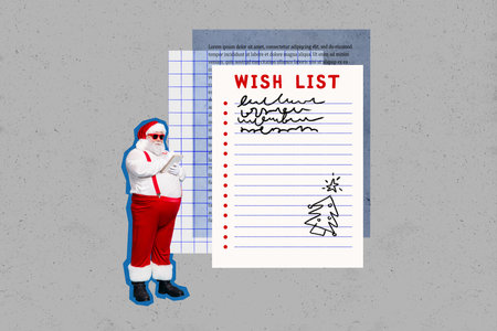 Creative collage picture of mini funky santa claus hold notepad pen write wish list big paper page isolated on painted backgroundの写真素材