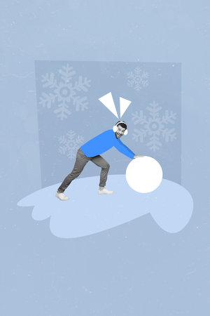 Collage photo of young excited guy wear blue warm sweater roll snowball winter christmas spirit enjoy spend time outdoors isolated on blue backgroundの写真素材