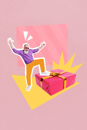 Collage photo poster of old age cool grandfather wear sunglass dancing celebrate big new year sale near big package isolated on pink backgroundの写真素材