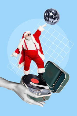 Christmas brochure collage of funny santa claus dancing retro new year gramophone floor holding disco ballの写真素材
