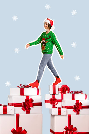 Creative photo 3d collage artwork postcard poster brochure picture of young girl go buy gifts low prices isolated on painting backgroundの写真素材