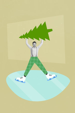 Collage photo of funny ice skating guy wear green painted trouser with rollerskate frosty weather hold xmas tree isolated on drawing backgroundの写真素材