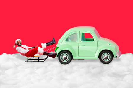 Creative photo 3d collage artwork postcard poster picture of crazy man riding transport moving sleigh isolated on painting backgroundの写真素材