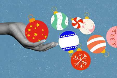 Christmas poster collage of magic tree toys balls fly in air to people hand prepare x mas event on blue color backgroundの写真素材