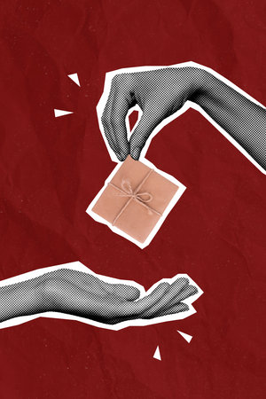 Creative photo 3d collage artwork postcard poster brochure picture of two human arms sharing gifts isolated on painting backgroundの写真素材