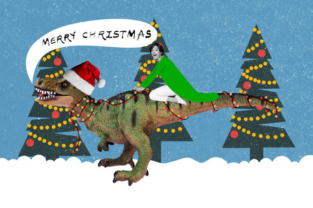 Christmas invitation collage of funny santa claus assistant travel north pole dragon prepare gift deliver on snowy backgroundの写真素材