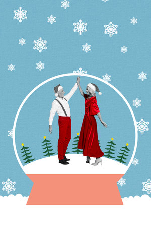 X mas poster banner of holly jolly couple dancing under snow globe decor on snowy backgroundの写真素材