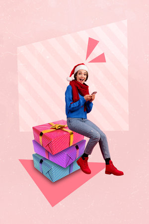 Collage photo of young santa claus woman wear red scarf hold phone browsing excited low price new gifts for family isolated on pink backgroundの写真素材
