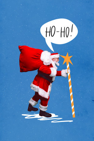 Collage postcard of old age pensioner wear red santa claus costume walking with big gift bag hold festive stick isolated on blue color backgroundの写真素材