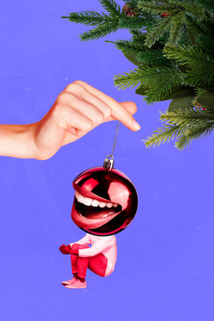 Creative banner collage of people prepare festive christmas occasion hang pine branch red absurd decorationの写真素材