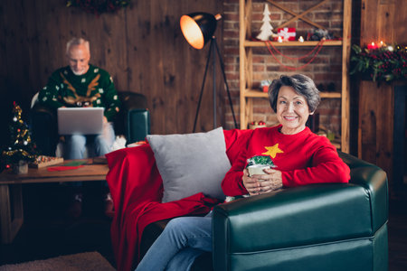 Portrait of positive peaceful aged people sitting couch enjoy hot chocolate tea mug use netbook magic atmosphere indoorsの写真素材