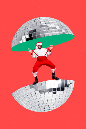 Vertical creative photo collage of good mood man dressed santa claus costume dancing on disco ball isolated on red color backgroundの写真素材