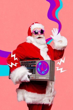 Vertical creative photo collage picture of funny positive cheerful santa claus hold boombox waving palm isolated on pink color backgroundの写真素材