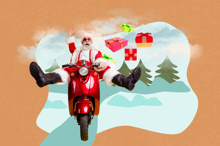 Creative photo 3d collage postcard poster picture of crazy santa hurry night eve ride fast snowy forest isolated on painting backgroundの写真素材