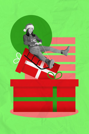 Vertical collage image of excited positive girl black white effect ride sledge big giftbox isolated on drawing backgroundの写真素材
