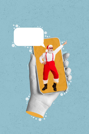 Vertical collage picture of black white effect arm hold telephone screen mini santa point finger say...