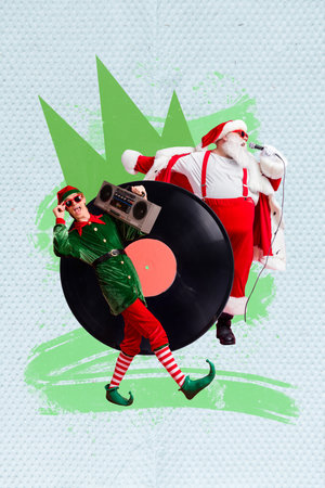 Collage photo greetings card invitation karaoke party xmas spirit elf man wear sunglass hold retro...