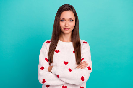 Portrait of stunning calm person crossed arms look camera isolated on pastel cyan color background