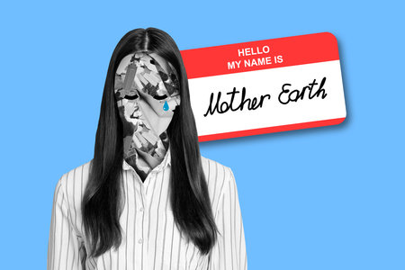 Collage photo of young lady person brunet hair tag say hello my name mother earth help protect environment trash isolated on blue backgroundの写真素材