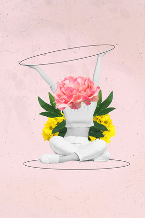Photo collage cartoon comics sketch picture of lady pink flower instead of head rising arms making...