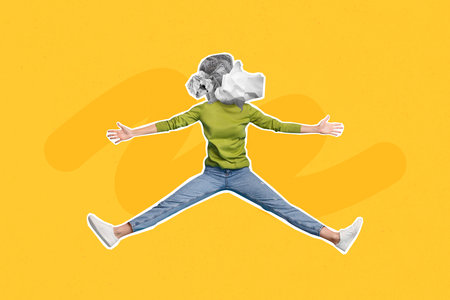 Collage photo of young funky jumping air trampoline headless person trash pollution man wear casual outfit isolated on yellow color backgroundの写真素材