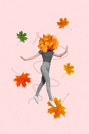 Artwork magazine collage picture of slim lady leaves bunch instead of head walking enjoying weather...