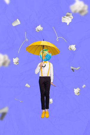 Collage photo concept of young gentleman costume guy hold yellow umbrella protect head planet falling down paper trash isolated on blue backgroundの写真素材