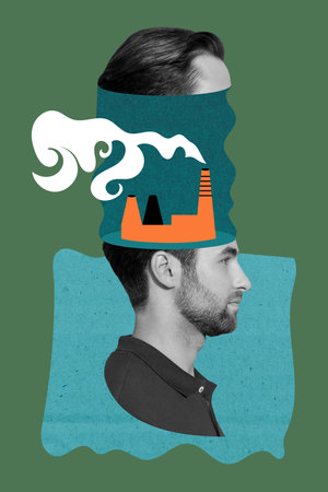 Vertical collage picture of black white gamma guy divided head mini drawing power plant inside isolated on creative backgroundの写真素材