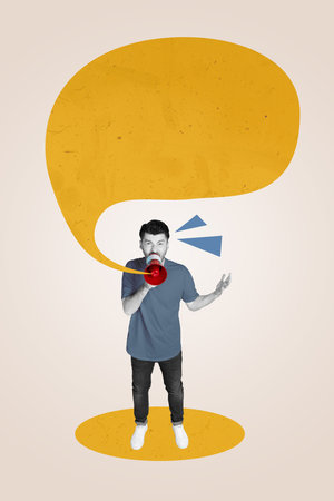 Creative photo 3d collage artwork poster of furious man shout give command control work process isolated on painting backgroundの写真素材