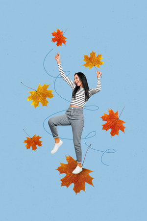 3d retro abstract creative collage artwork template of lucky happy smiling lady having fun autumn leaves isolated painting backgroundの写真素材