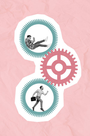 Collage photo of business colleagues working remote one big mechanism programmer and manager...