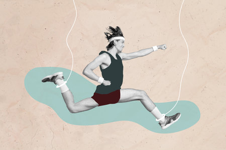 Collage artwork graphics picture of purposeful sporty guy running fast hanging ropes isolated...