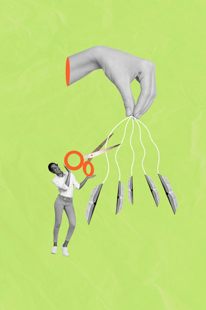 Creative 3d photo collage artwork graphics painting of lady guy cutting scissors arms hanging book...