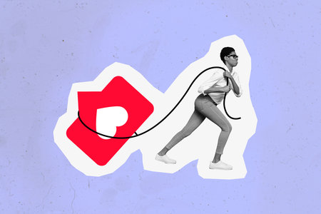 Creative abstract collage template graphics image of lady guy dragging big huge heart like sign...
