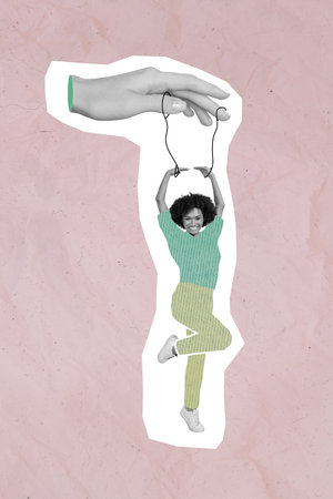 Vertical collage picture of black white arm fingers gold hang string dancing mini girl isolated on drawing backgroundの写真素材