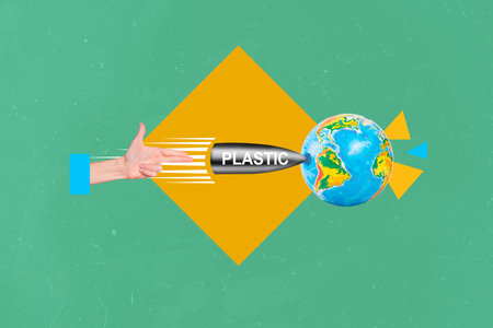 Creative collage picture of human arm fingers pistol gun gesture shoot plastic bullet planet earth...
