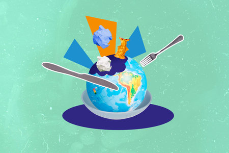 Creative collage picture of fork knife plate planet earth globe food paper trash isolated on painted backgroundの写真素材